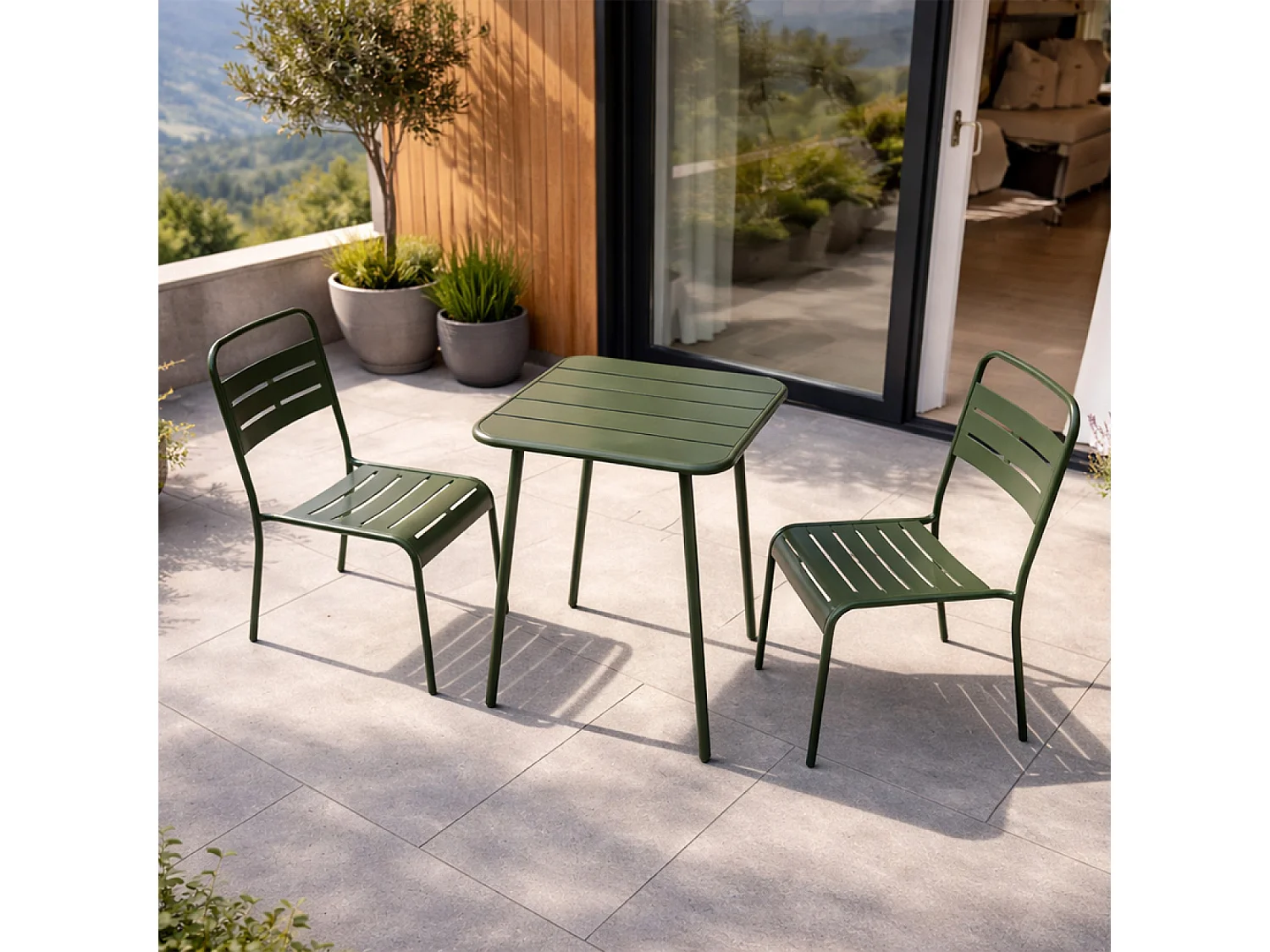Ensemble table de jardin carrée 50cm et 2 chaises vert BERGAME