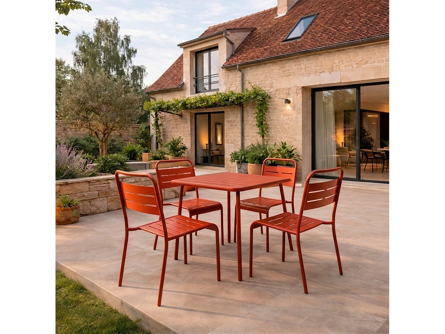 Ensemble table de jardin carrée 70cm et 4 chaises terracotta BERGAME