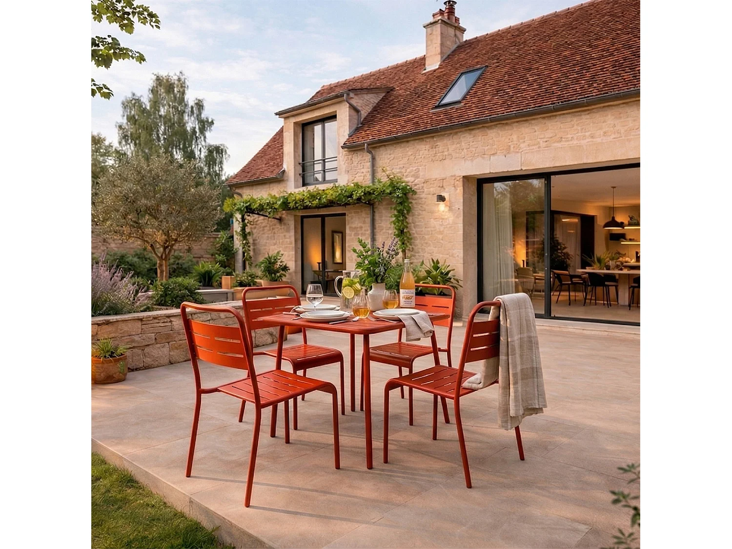 Ensemble table de jardin carrée 70cm et 4 chaises terracotta BERGAME