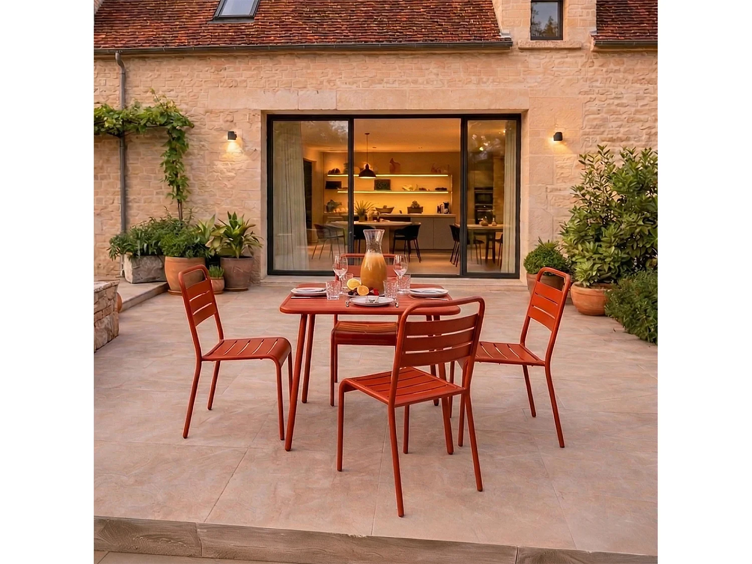 Ensemble table de jardin carrée 70cm et 4 chaises terracotta BERGAME