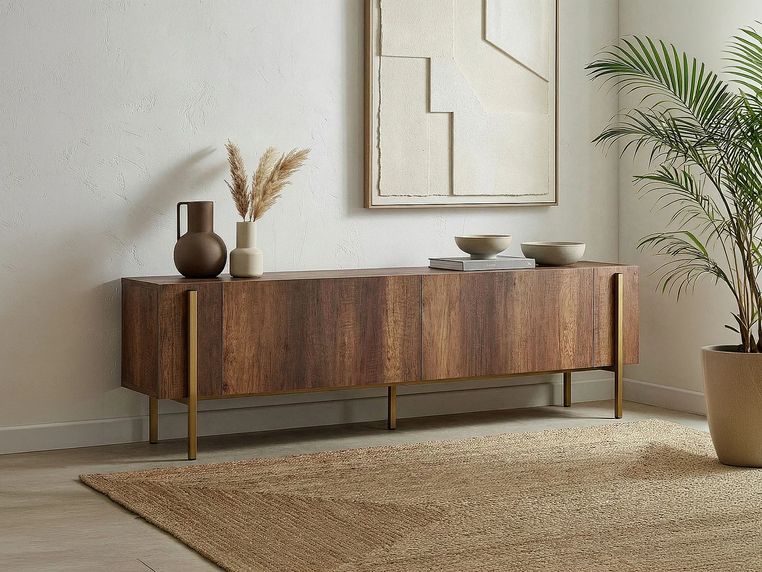 Meuble TV avec 2 portes - Naturel foncé et Doré - SELNIA