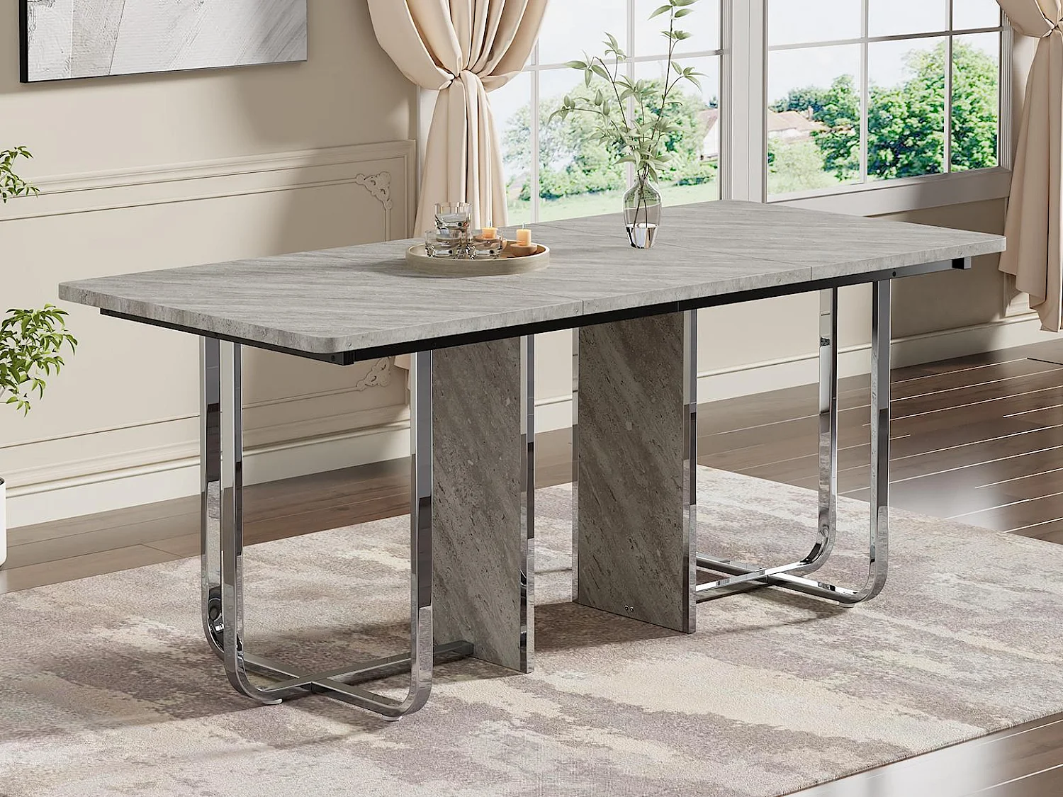 Table à manger rectangle - 6 à 8 places - pieds en métal - Gris