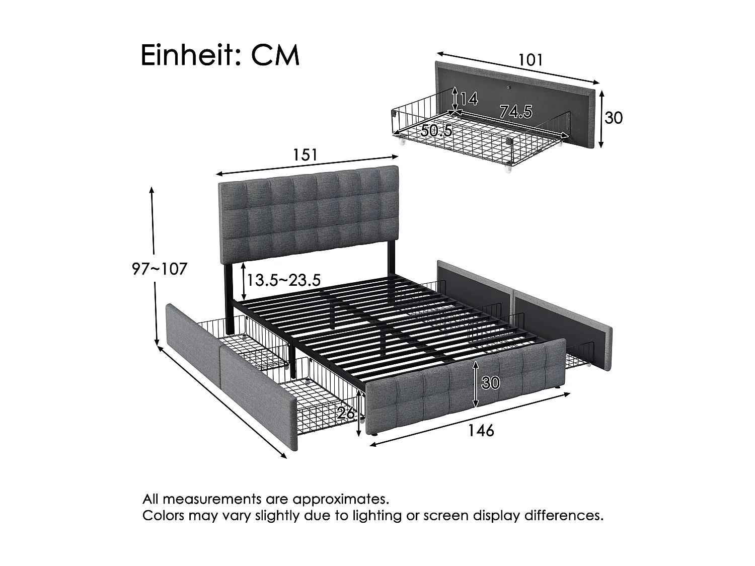 Cama de casal estofada - 140 x 200 cm - com 4 gavetas + cabeceira ajustável - estrado de ripas metálicas - roupa de cama - cinza (com colchão)