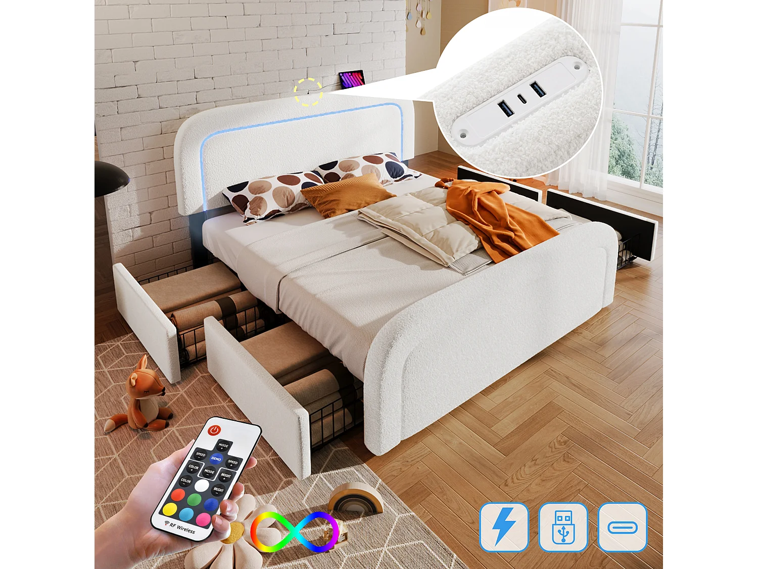 lit double rembourré - 160 x 200 cm - avec USB + Leds + 4 tiroirs + tête de lit réglable - Sherp - blanc