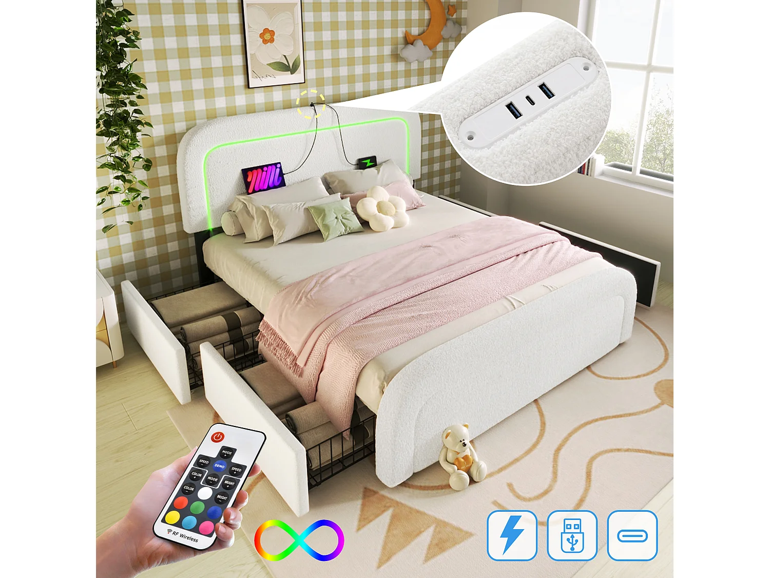 lit double rembourré - 160 x 200 cm - avec USB + Leds + 4 tiroirs + tête de lit réglable - Sherp - blanc