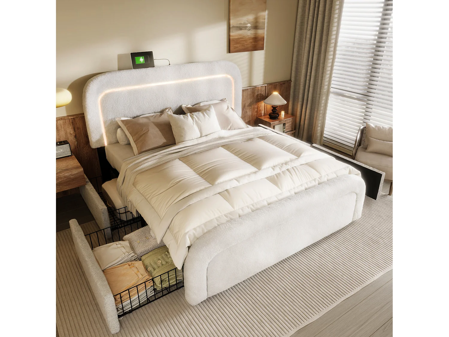 lit double rembourré - 160 x 200 cm - avec USB + Leds + 4 tiroirs + tête de lit réglable - Sherp - blanc