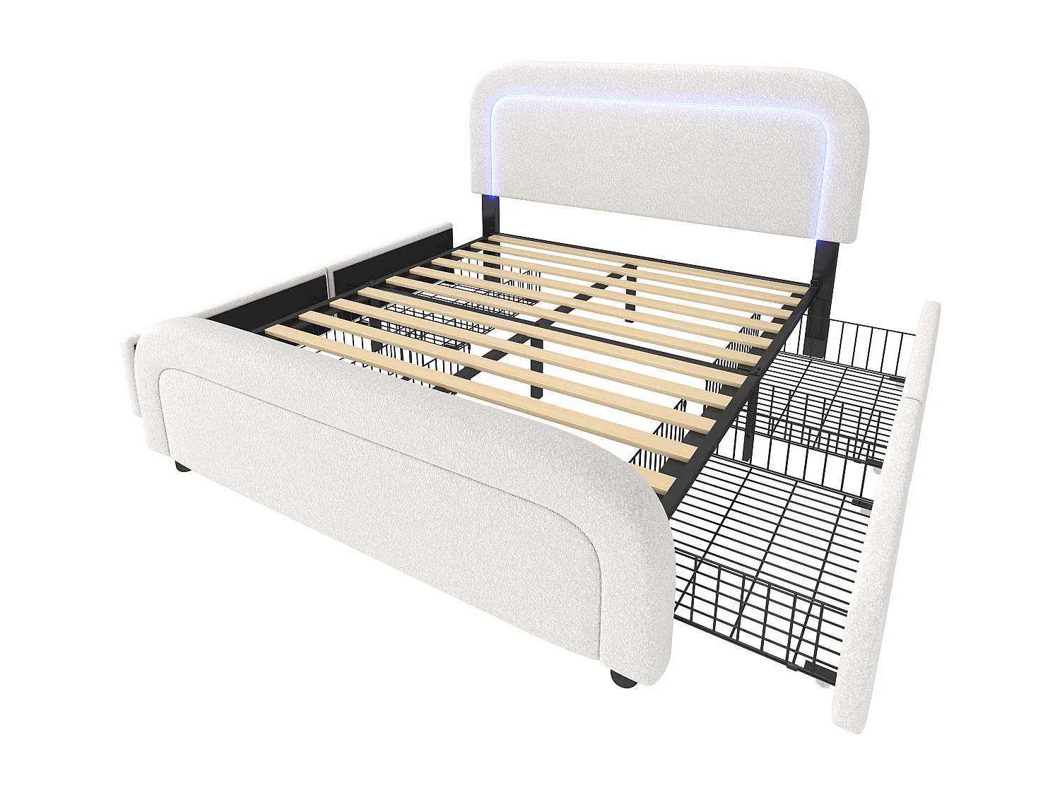 lit double rembourré - 160 x 200 cm - avec USB + Leds + 4 tiroirs + tête de lit réglable - Sherp - blanc