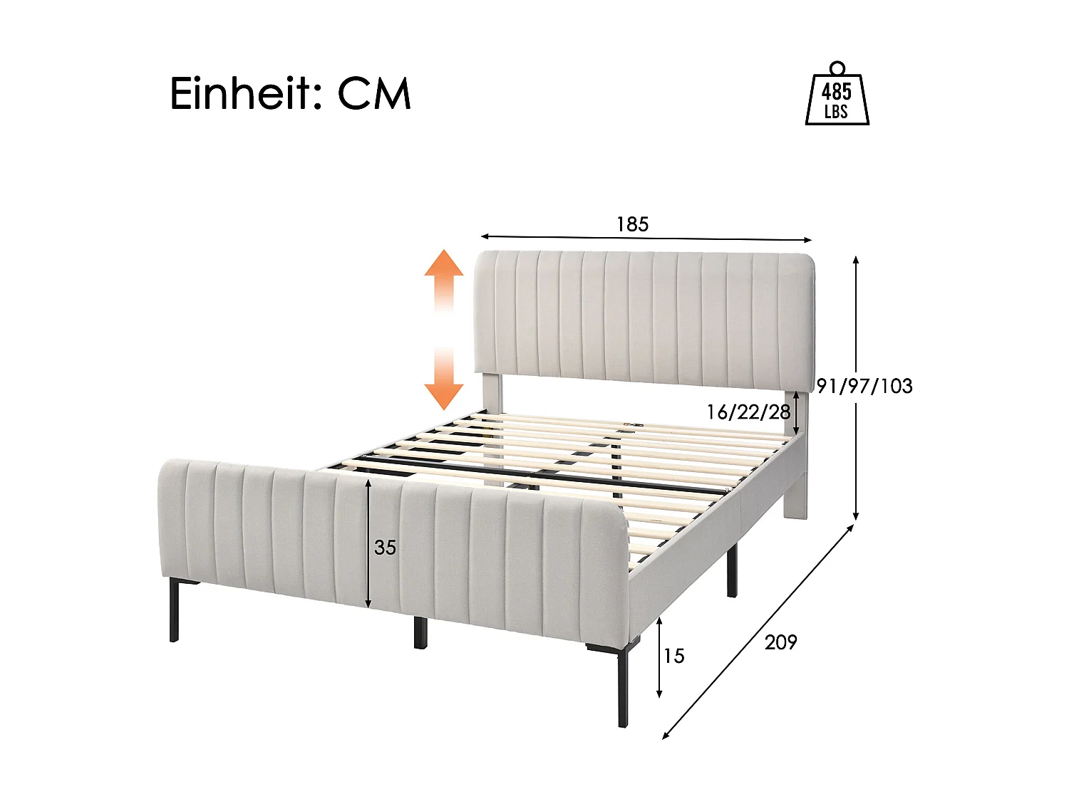 Lit double capitonné - 180 x 200 cm - avec sommier à lattes + tête de lit réglable - lin - gris-beige