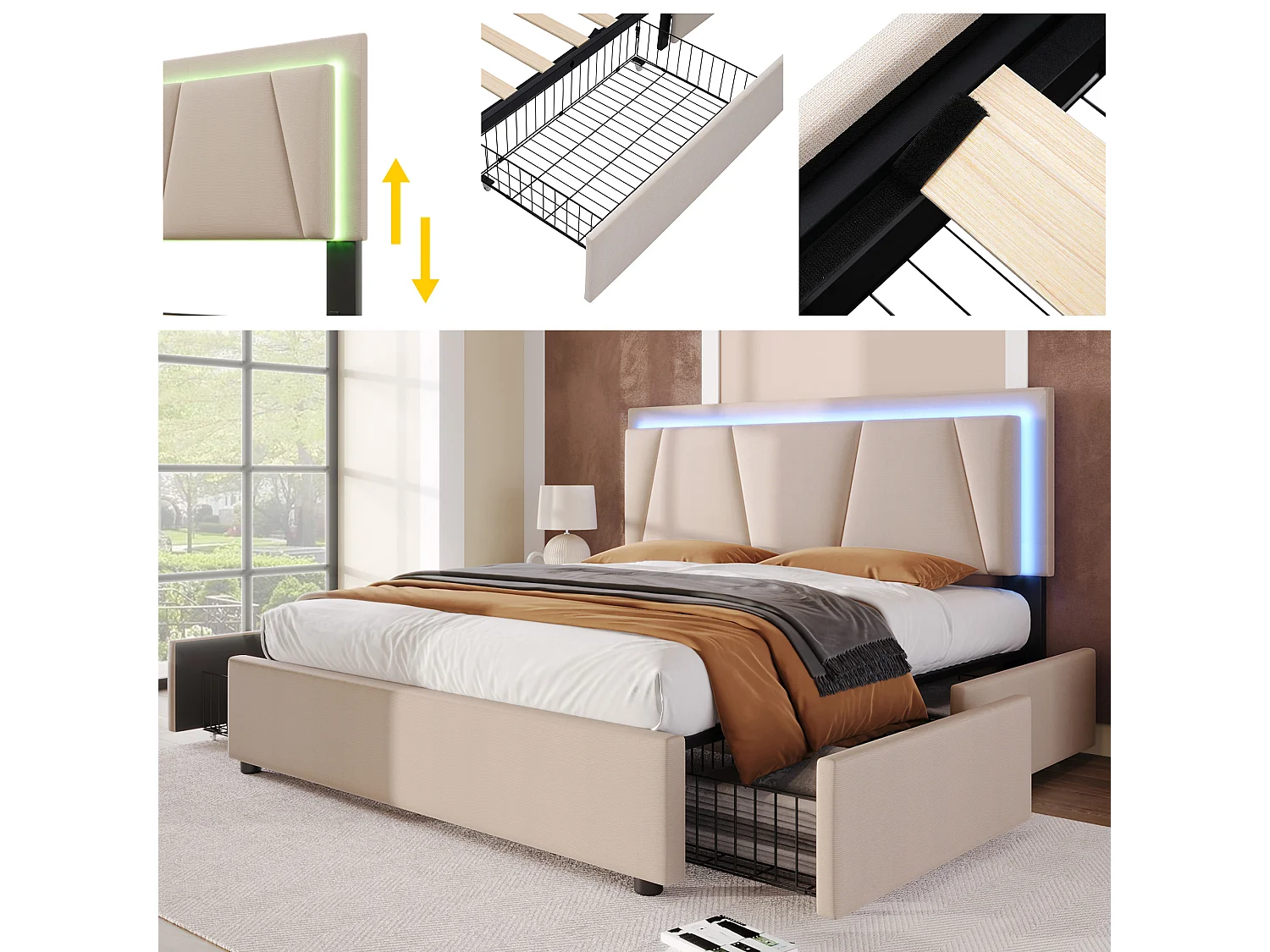 Lit double capitonné - 160 x 200 cm - avec Leds + 4 tiroirs + tête de lit réglable - bois - beige