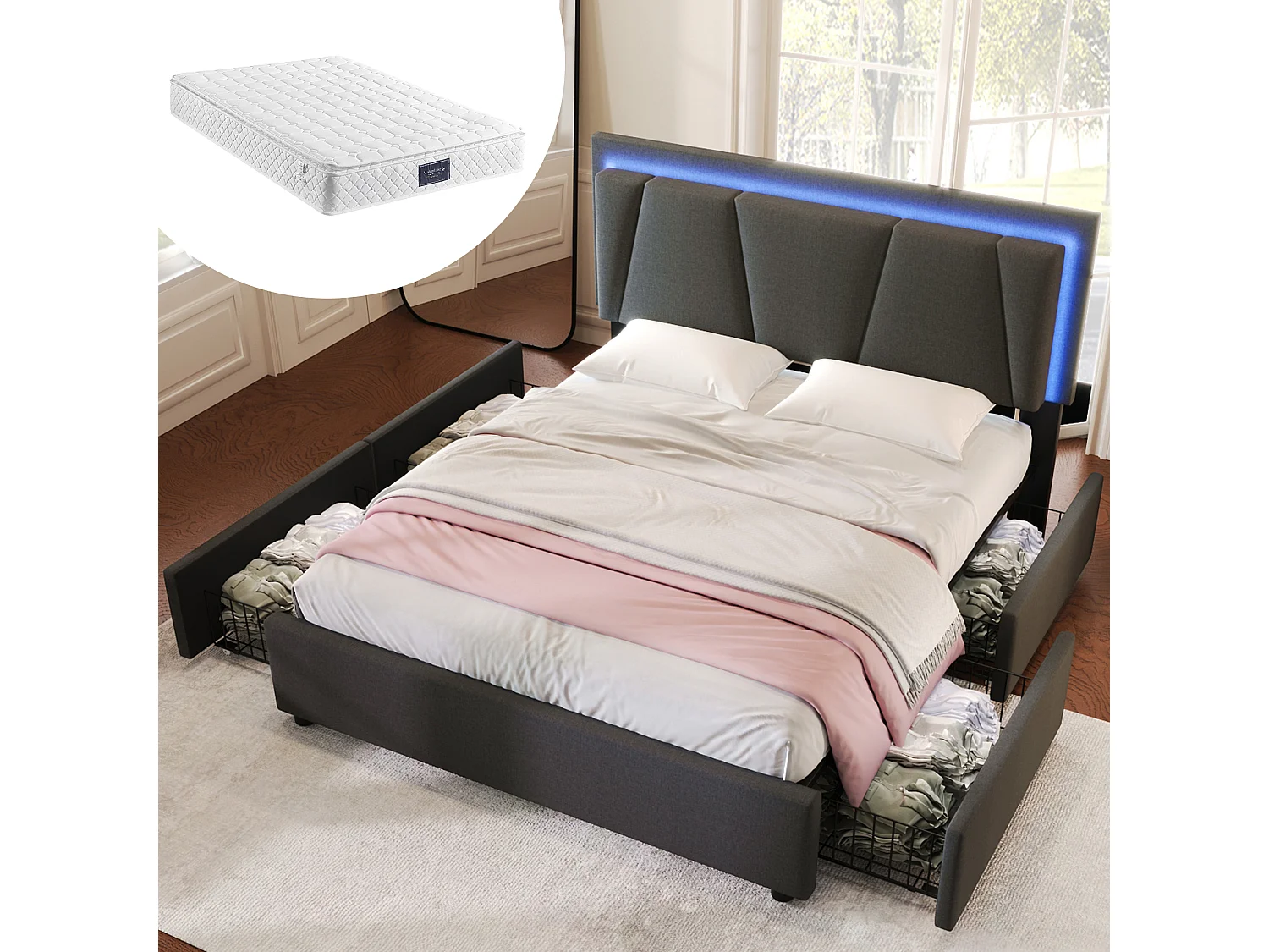 Lit double capitonné - 160 x 200 cm - avec Leds + 4 tiroirs + tête de lit réglable - bois - gris(avec matelas)