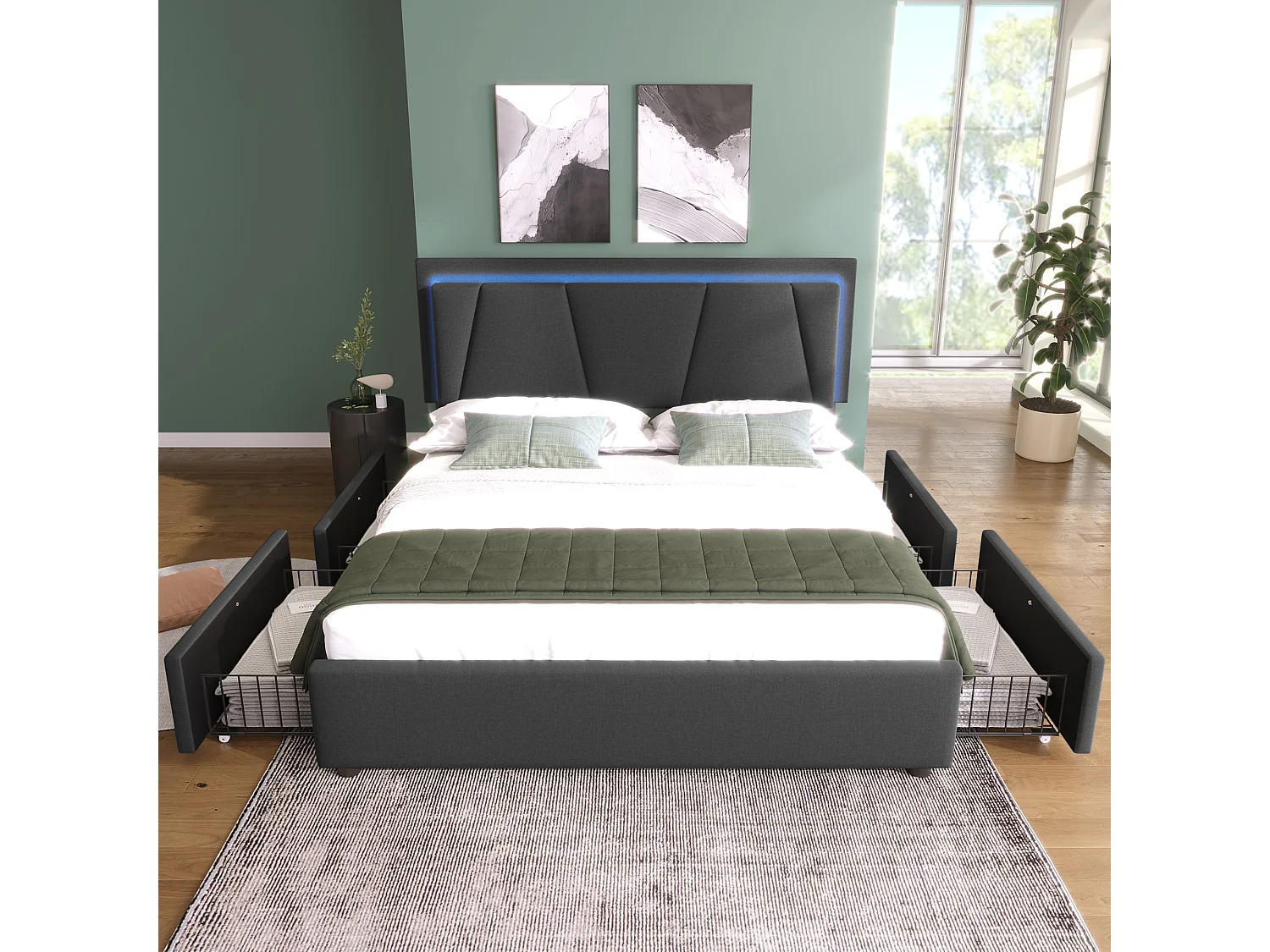 Lit double capitonné - 160 x 200 cm - avec Leds + 4 tiroirs + tête de lit réglable - bois - gris(avec matelas)