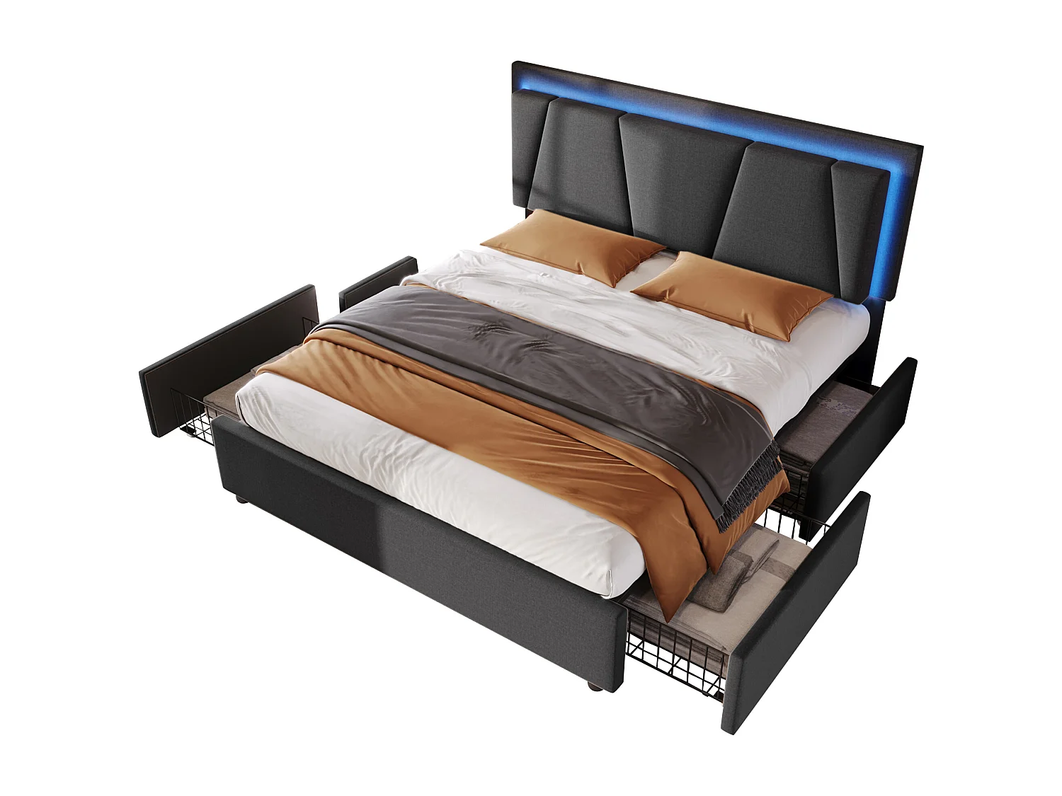 Lit double capitonné - 160 x 200 cm - avec Leds + 4 tiroirs + tête de lit réglable - bois - gris(avec matelas)