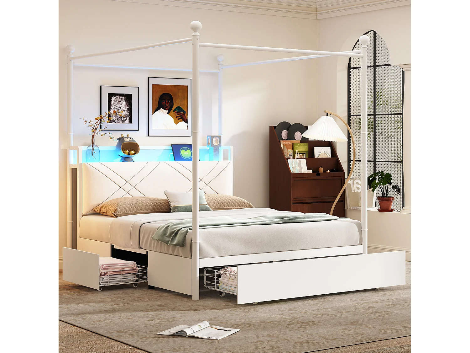 Lit baldaquin en métal - 140 x 190 cm - avec 3 tiroirs + baldaquin en fer forgé + Leds + USB/Type-C - métal - blanc