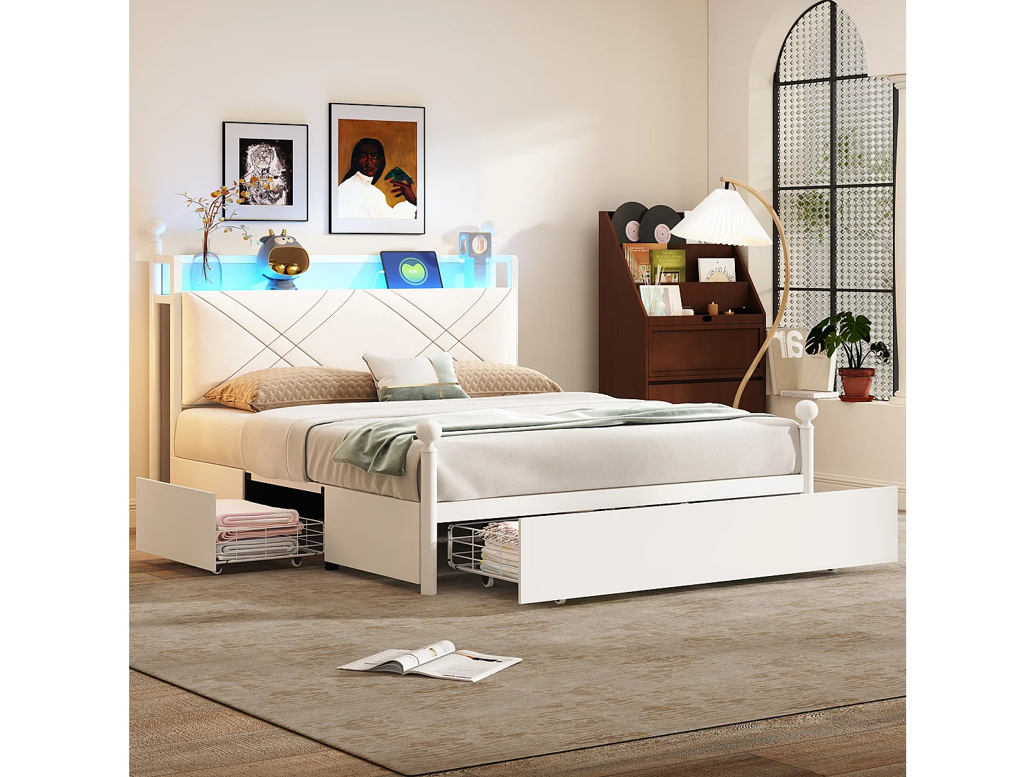 Lit baldaquin en métal - 140 x 190 cm - avec 3 tiroirs + baldaquin en fer forgé + Leds + USB/Type-C - métal - blanc