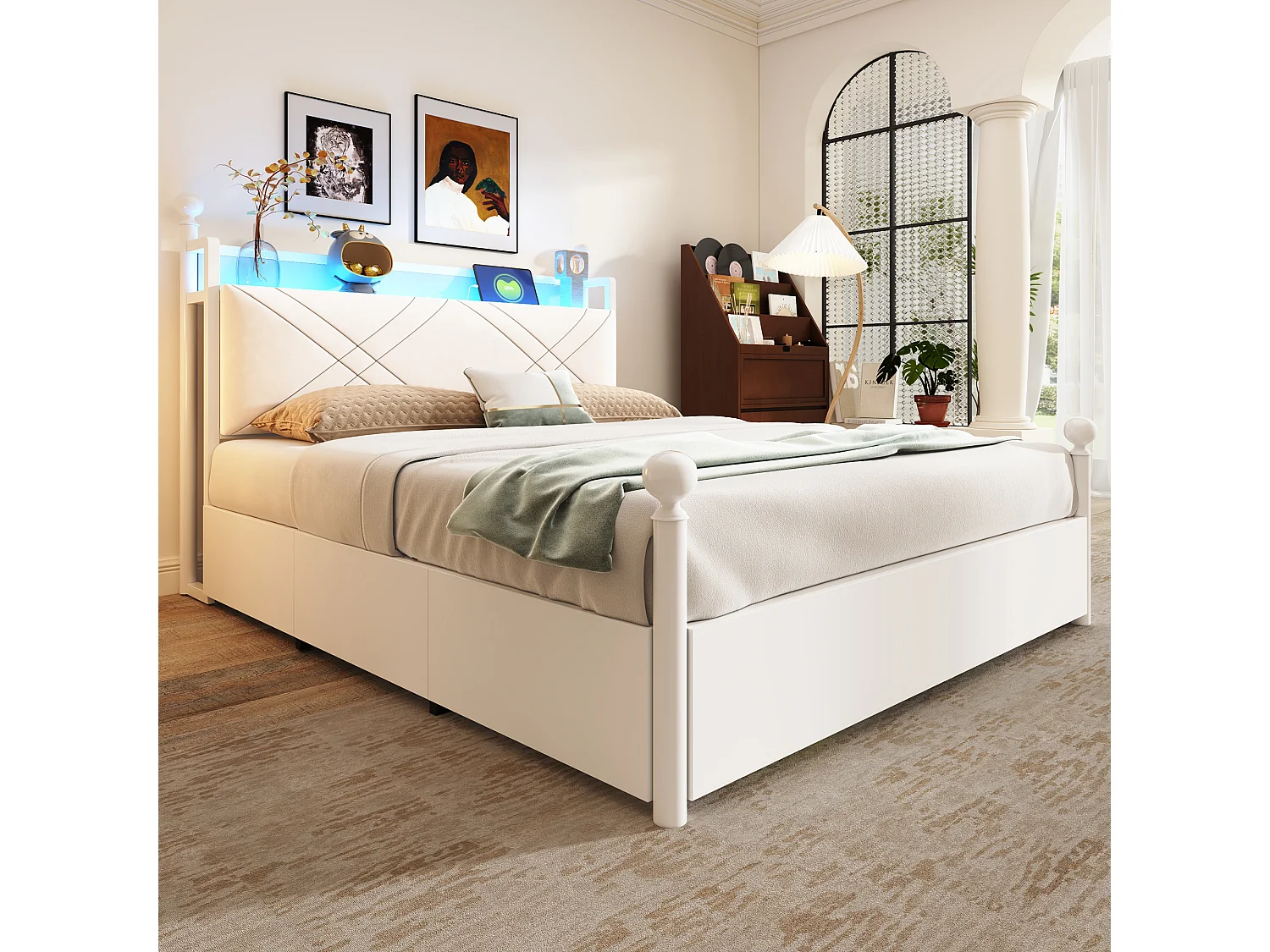 Lit baldaquin en métal - 140 x 190 cm - avec 3 tiroirs + baldaquin en fer forgé + Leds + USB/Type-C - métal - blanc