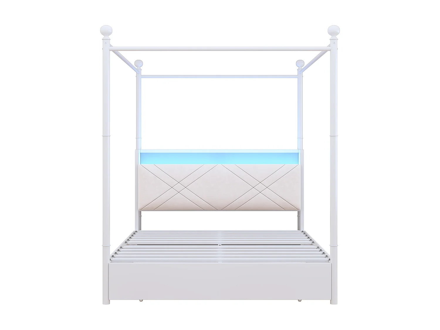 Lit baldaquin en métal - 140 x 190 cm - avec 3 tiroirs + baldaquin en fer forgé + Leds + USB/Type-C - métal - blanc