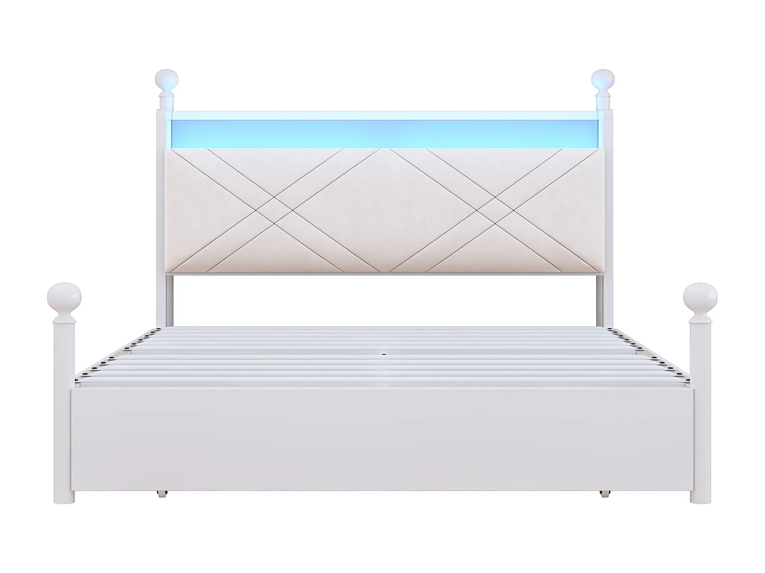 Lit baldaquin en métal - 140 x 190 cm - avec 3 tiroirs + baldaquin en fer forgé + Leds + USB/Type-C - métal - blanc