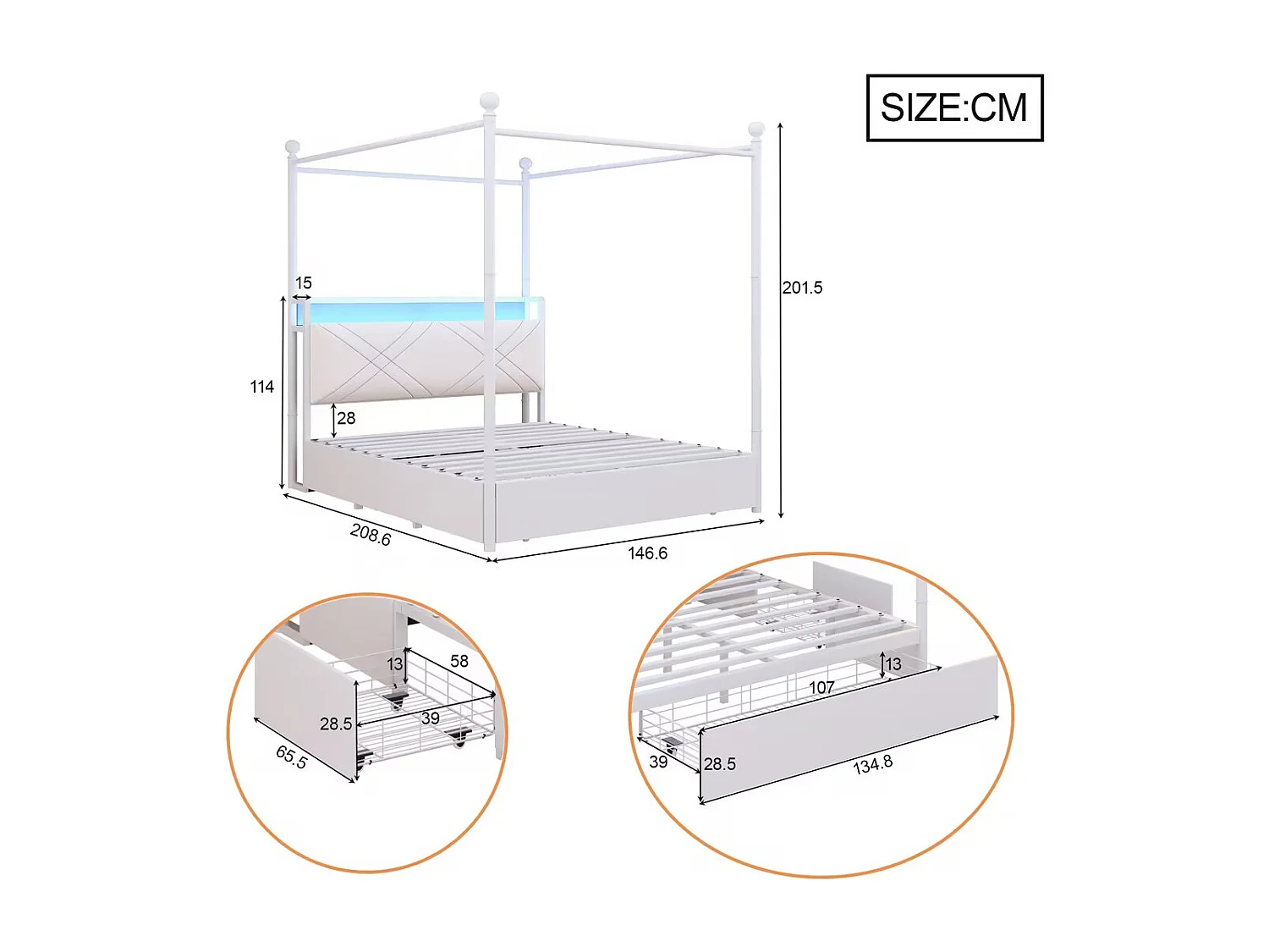 Lit baldaquin en métal - 140 x 190 cm - avec 3 tiroirs + baldaquin en fer forgé + Leds + USB/Type-C - métal - blanc