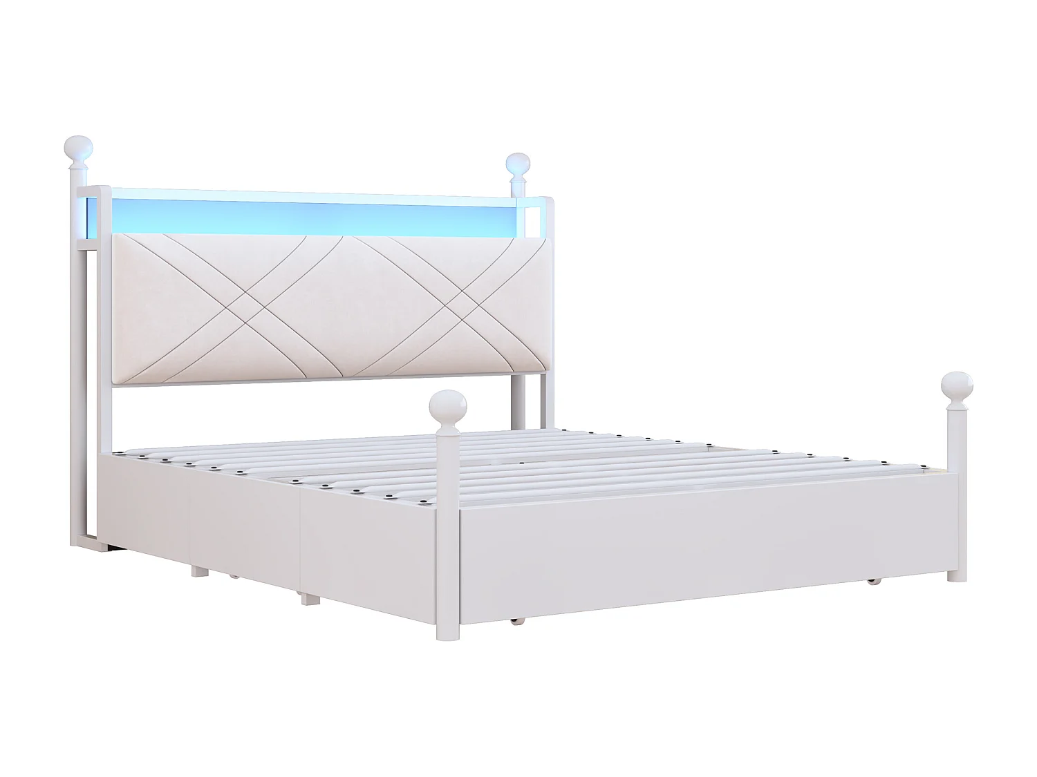 Lit baldaquin en métal - 140 x 190 cm - avec 3 tiroirs + baldaquin en fer forgé + Leds + USB/Type-C - métal - blanc