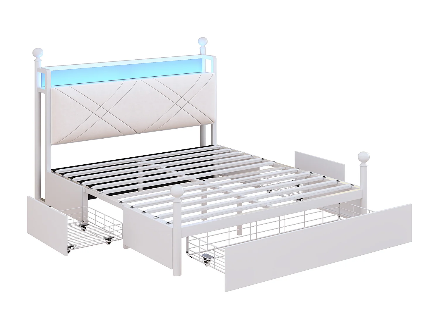 Lit baldaquin en métal - 140 x 190 cm - avec 3 tiroirs + baldaquin en fer forgé + Leds + USB/Type-C - métal - blanc