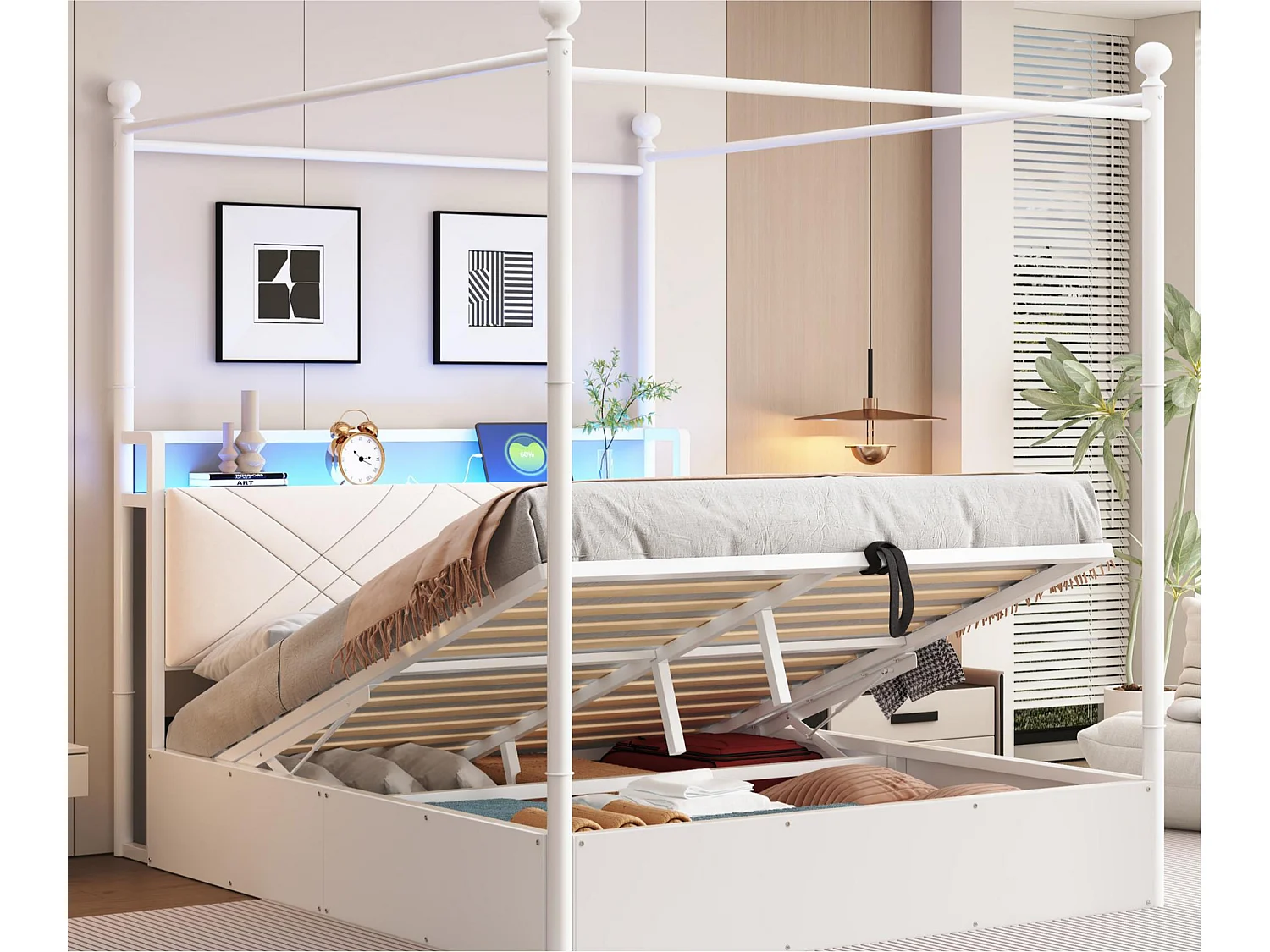 Lit double coffre 140x190 cm - avec baldaquin en métal - montants amovibles - avec LED et port USB/Type-C - blanc