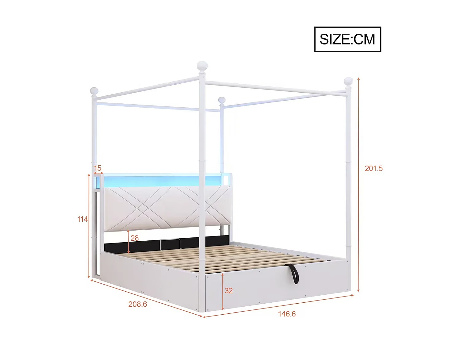 Lit double coffre 140x190 cm - avec baldaquin en métal - montants amovibles - avec LED et port USB/Type-C - blanc