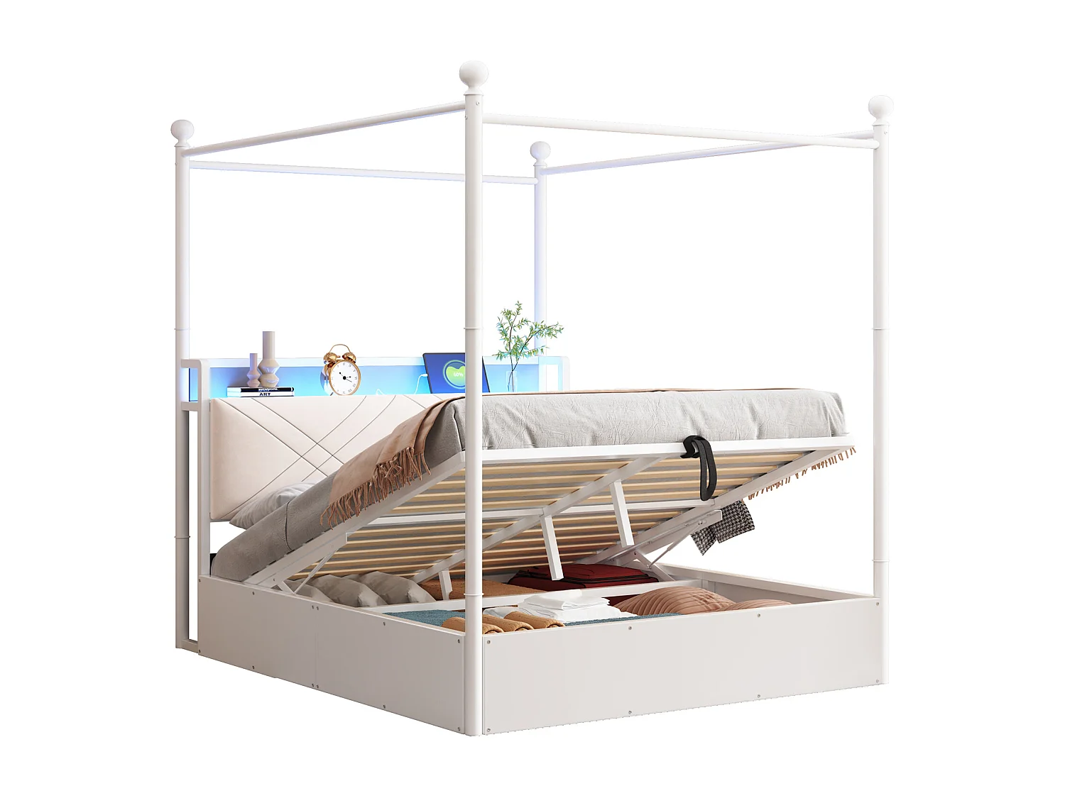Lit double coffre 140x190 cm - avec baldaquin en métal - montants amovibles - avec LED et port USB/Type-C - blanc
