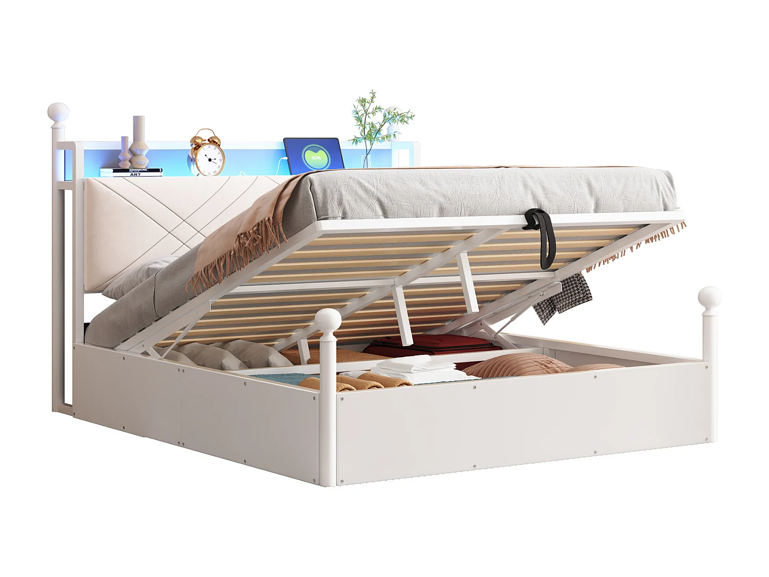 Lit double coffre 140x190 cm - avec baldaquin en métal - montants amovibles - avec LED et port USB/Type-C - blanc