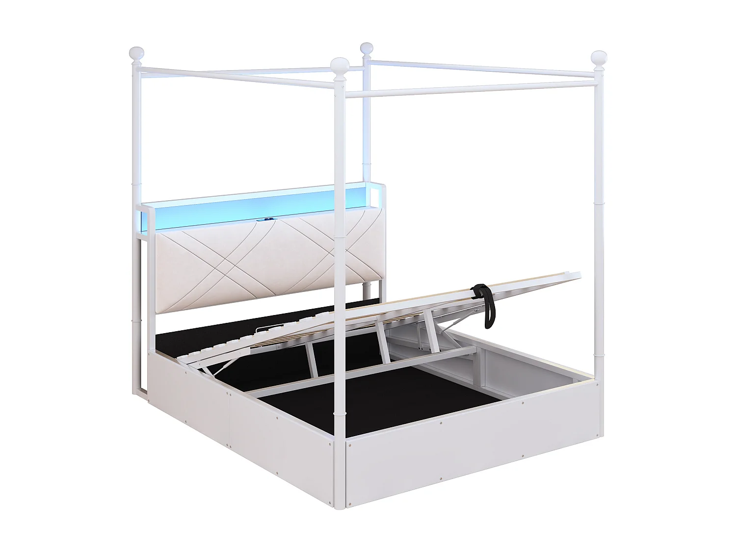 Lit double coffre 140x190 cm - avec baldaquin en métal - montants amovibles - avec LED et port USB/Type-C - blanc