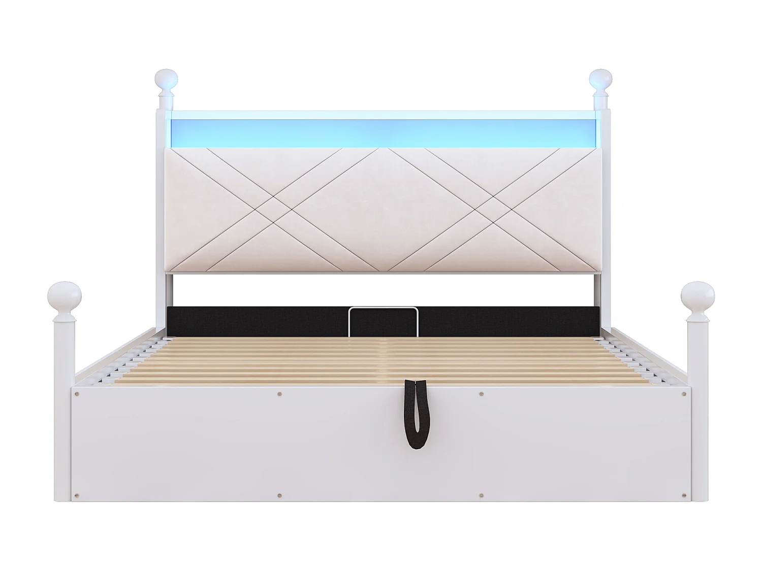 Lit double coffre 140x190 cm - avec baldaquin en métal - montants amovibles - avec LED et port USB/Type-C - blanc