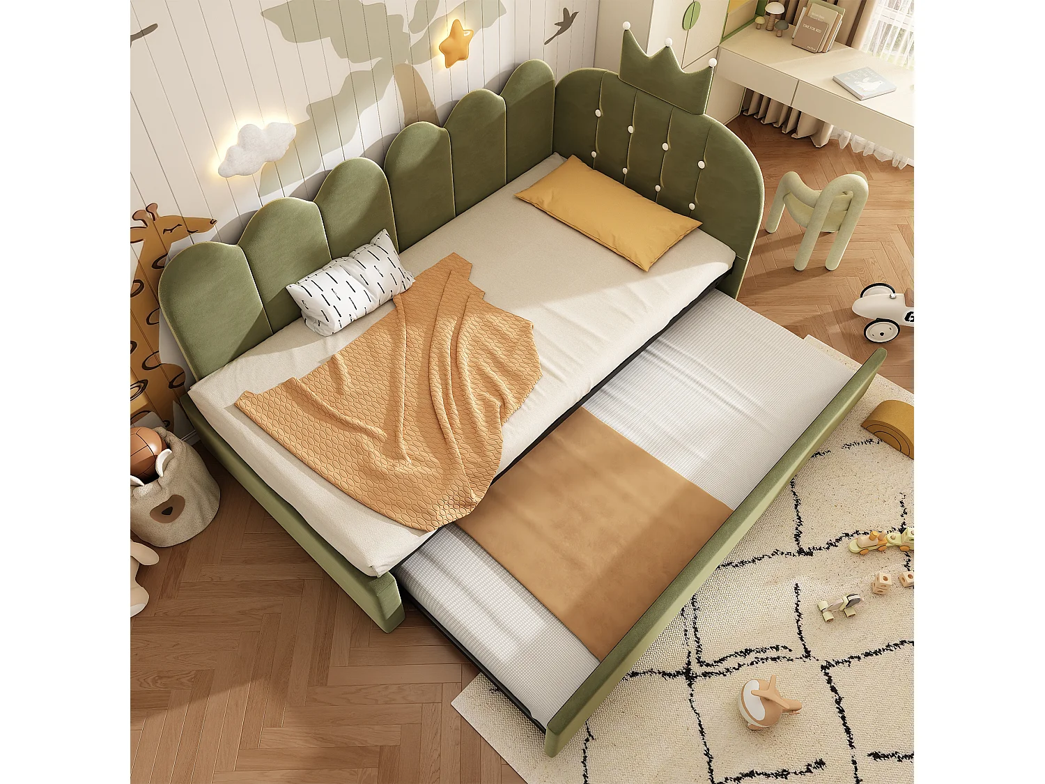 Lit banquette gigogne pour enfant - 90 x 200 cm + 90 x 190 cm - forme en L - tête de lit - velours - vert