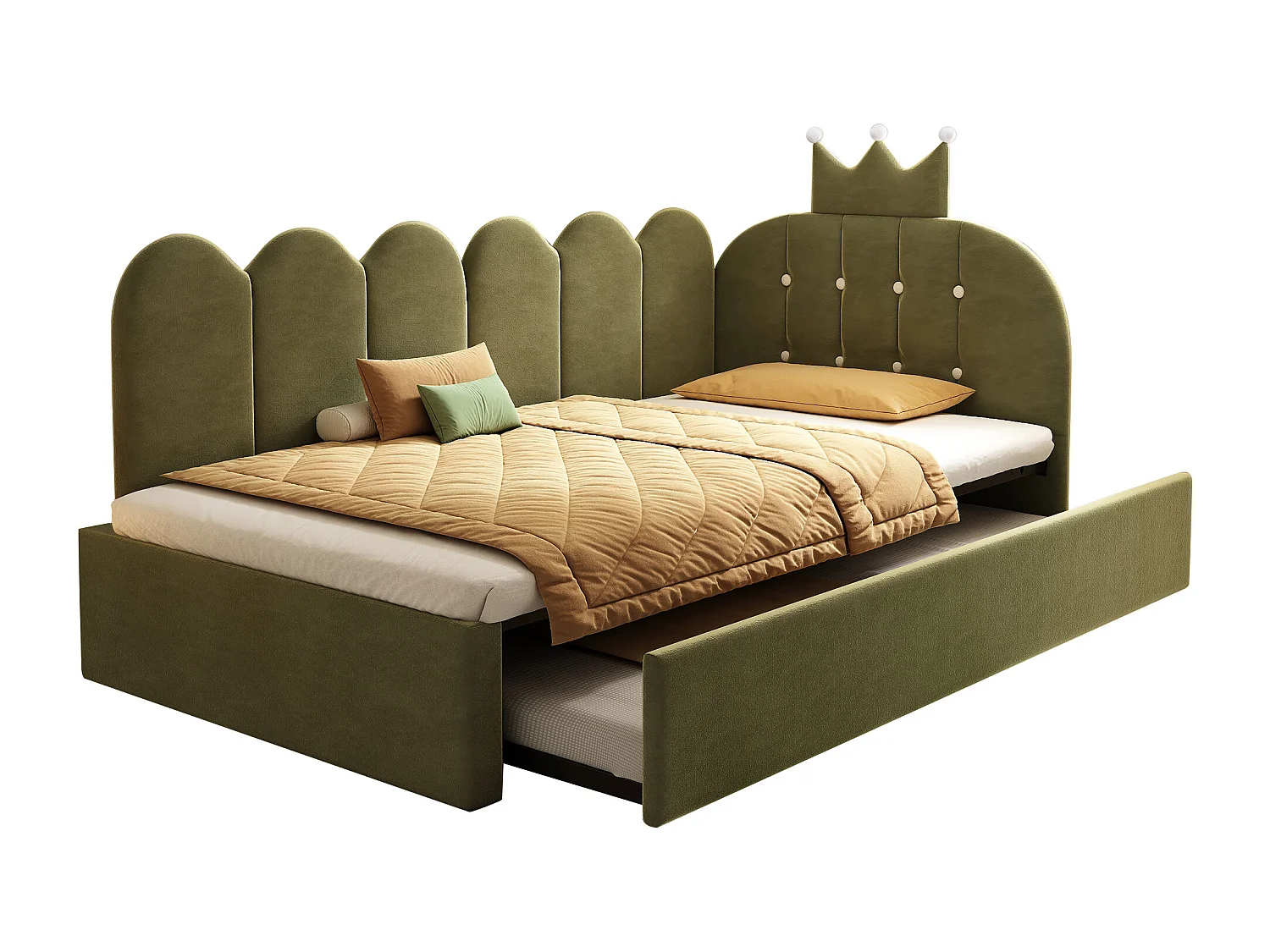 Lit banquette gigogne pour enfant - 90 x 200 cm + 90 x 190 cm - forme en L - tête de lit - velours - vert