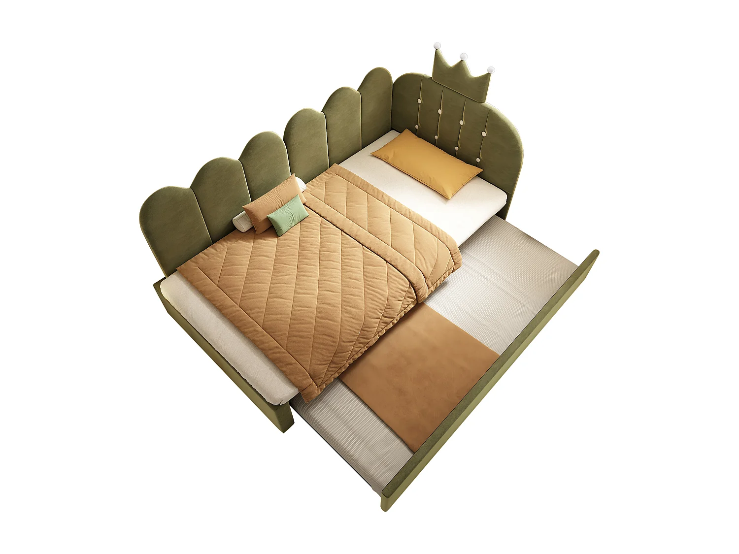 Lit banquette gigogne pour enfant - 90 x 200 cm + 90 x 190 cm - forme en L - tête de lit - velours - vert