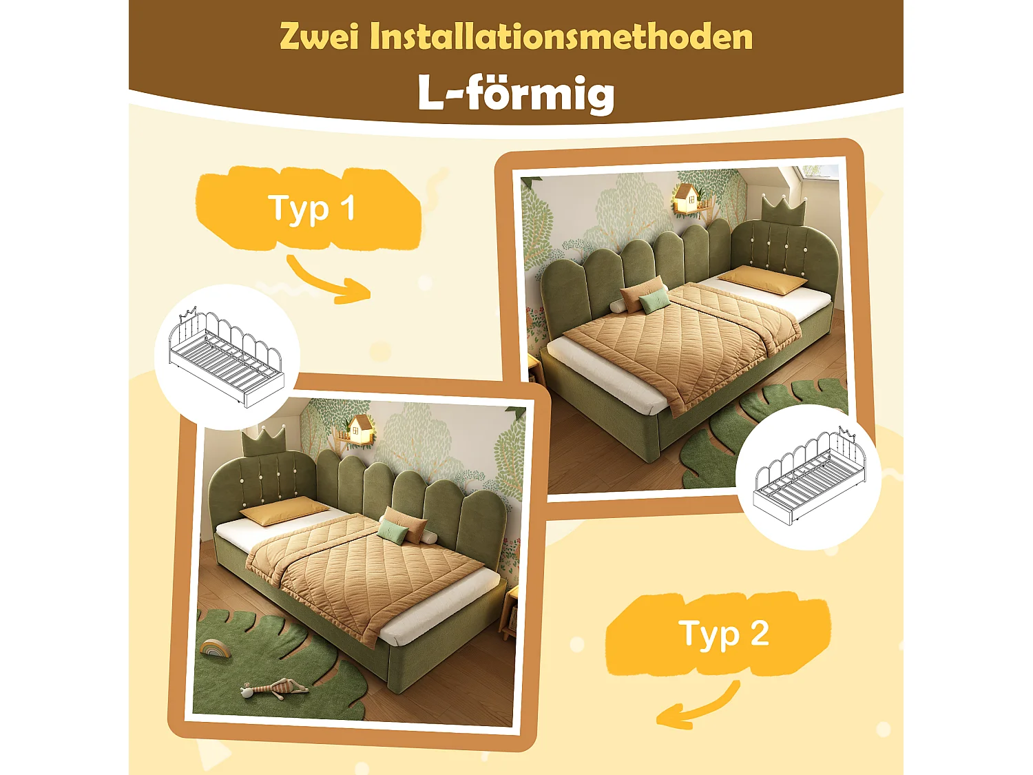 Lit banquette gigogne pour enfant - 90 x 200 cm + 90 x 190 cm - forme en L - tête de lit - velours - vert