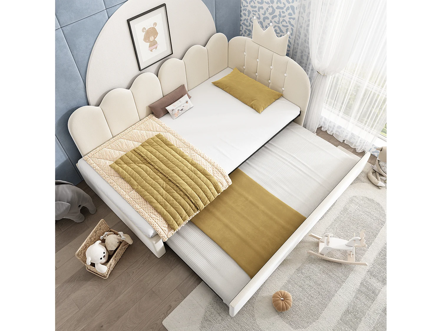Lit banquette gigogne pour enfant - 90 x 200 cm + 90 x 190 cm - forme en L - tête de lit - velours - beige