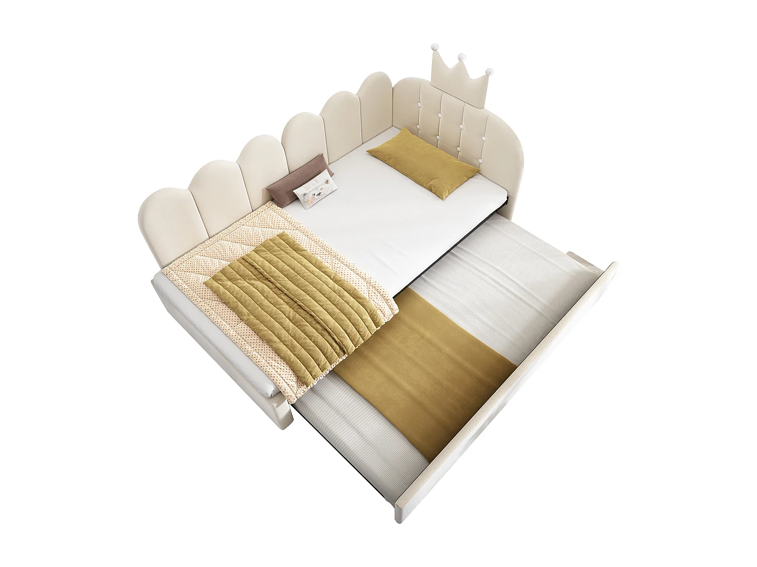 Lit banquette gigogne pour enfant - 90 x 200 cm + 90 x 190 cm - forme en L - tête de lit - velours - beige