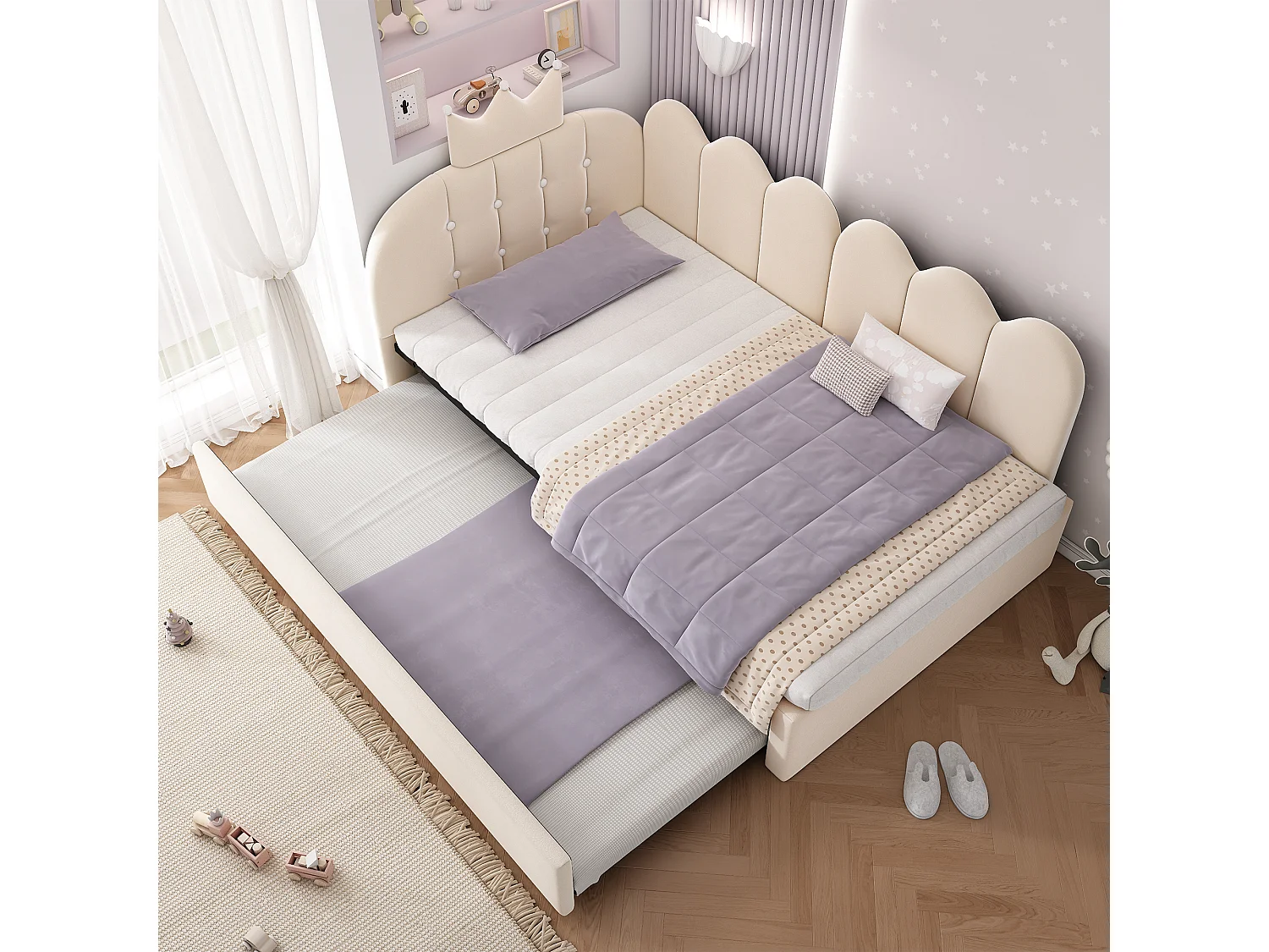 Lit banquette gigogne pour enfant - 90 x 200 cm + 90 x 190 cm - forme en L - tête de lit - velours - beige