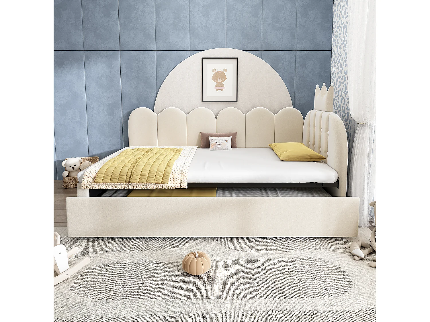 Lit banquette gigogne pour enfant - 90 x 200 cm + 90 x 190 cm - forme en L - tête de lit - velours - beige