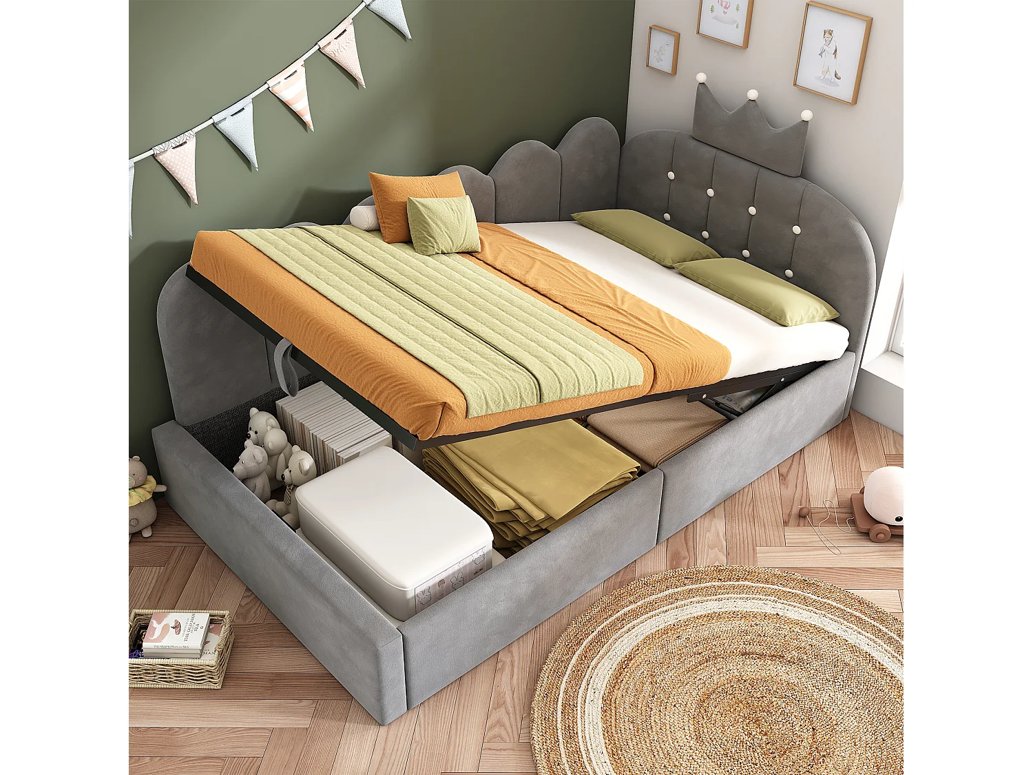 Lit banquette coffre pour enfant - 90 x 200 cm - avec tête de lit + rangement hydraulique - velours - gris