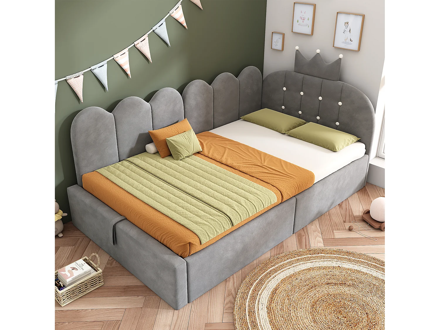 Lit banquette coffre pour enfant - 90 x 200 cm - avec tête de lit + rangement hydraulique - velours - gris