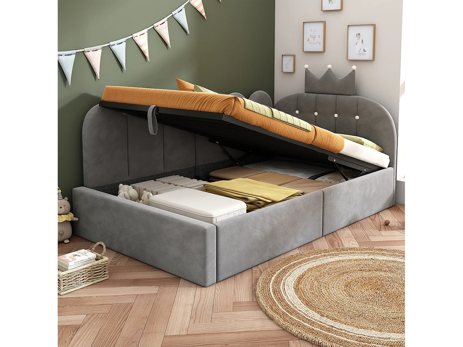 Lit banquette coffre pour enfant - 90 x 200 cm - avec tête de lit + rangement hydraulique - velours - gris