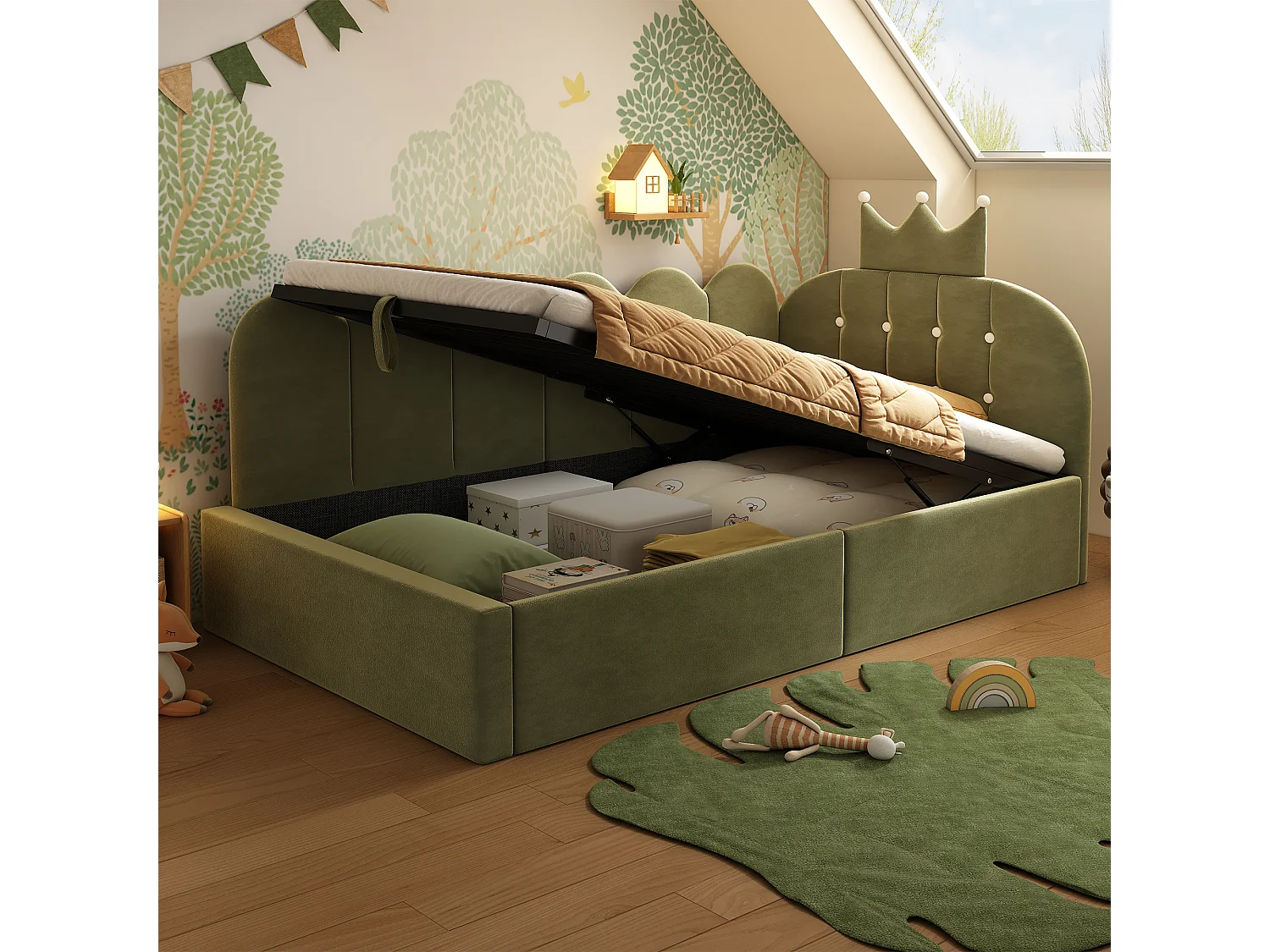 Lit banquette coffre pour enfant - 90 x 200 cm - avec tête de lit + rangement hydraulique - velours - vert