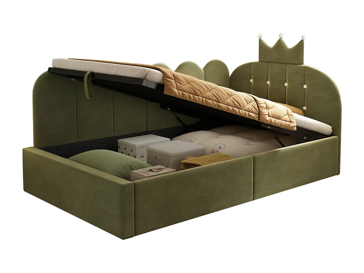 Lit banquette coffre pour enfant - 90 x 200 cm - avec tête de lit + rangement hydraulique - velours - vert