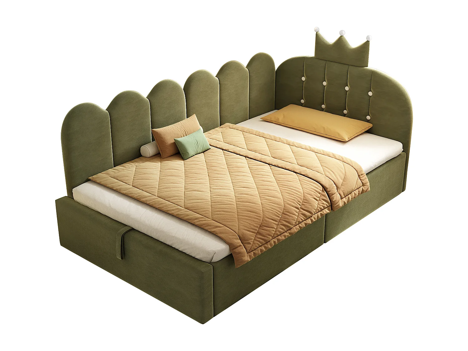 Lit banquette coffre pour enfant - 90 x 200 cm - avec tête de lit + rangement hydraulique - velours - vert
