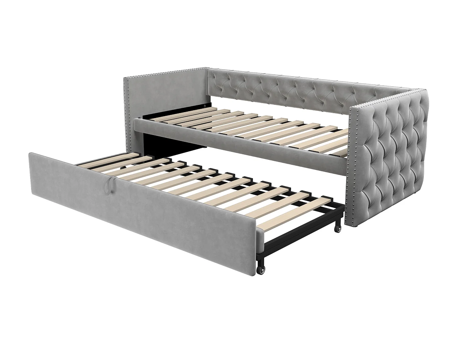 Lit banquette gigogne rembourré - 90/180 x 200 cm - avec sommier à lattes - velours - beige