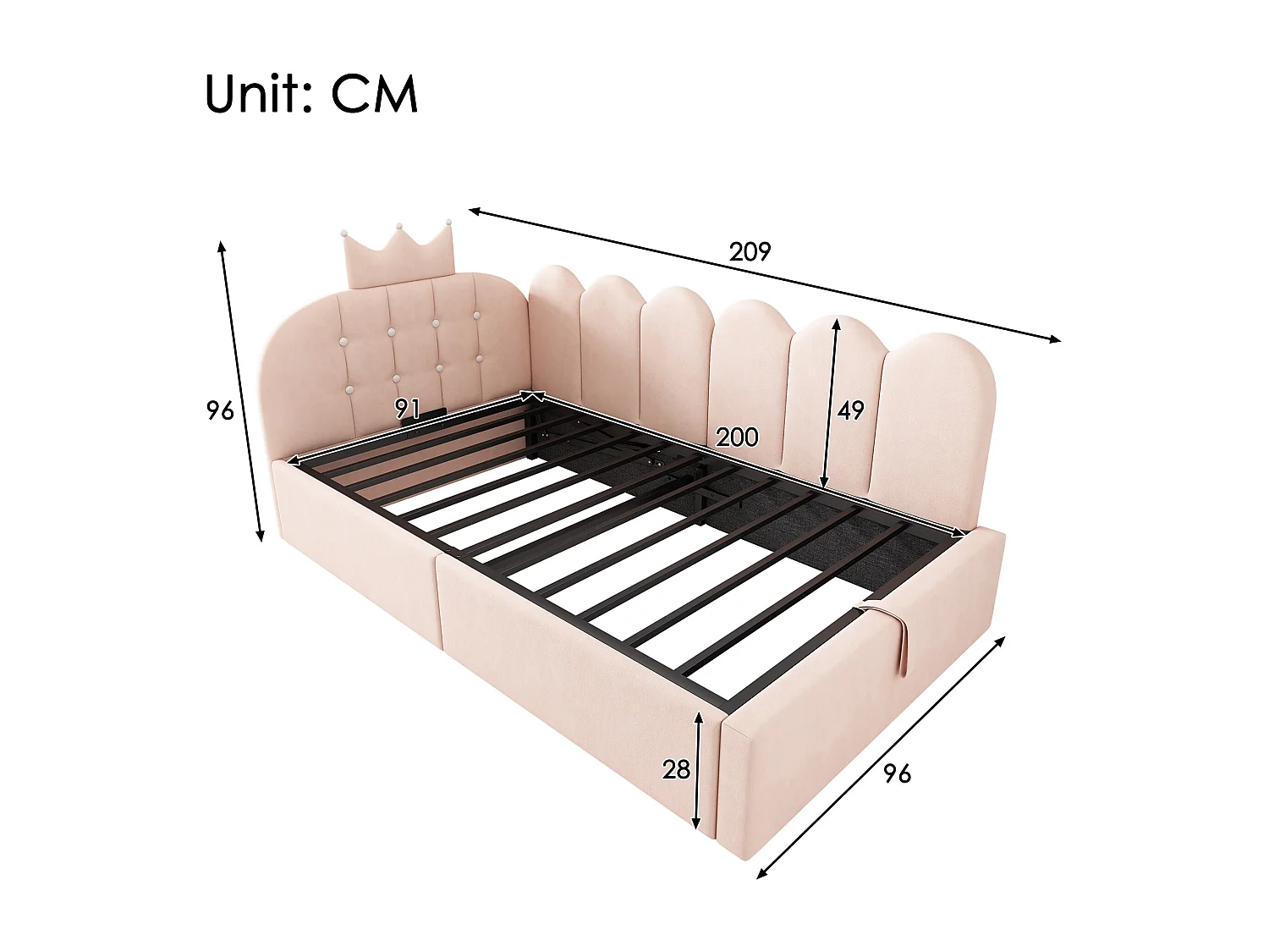 Lit banquette coffre pour enfant - 90 x 200 cm - avec tête de lit + rangement hydraulique - velours - rose
