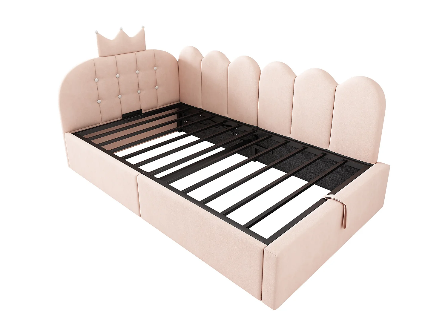 Lit banquette coffre pour enfant - 90 x 200 cm - avec tête de lit + rangement hydraulique - velours - rose