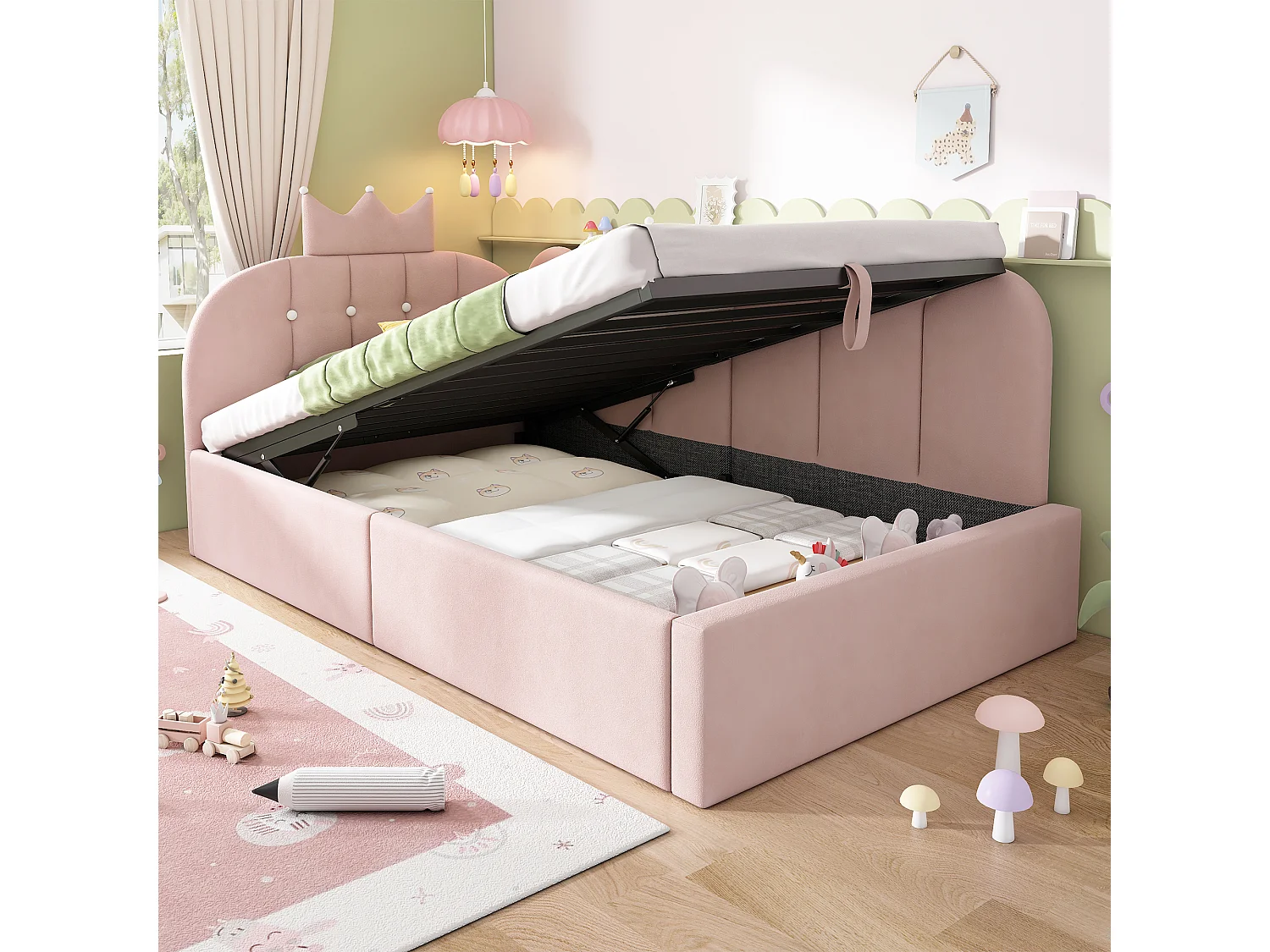Lit banquette coffre pour enfant - 90 x 200 cm - avec tête de lit + rangement hydraulique - velours - rose