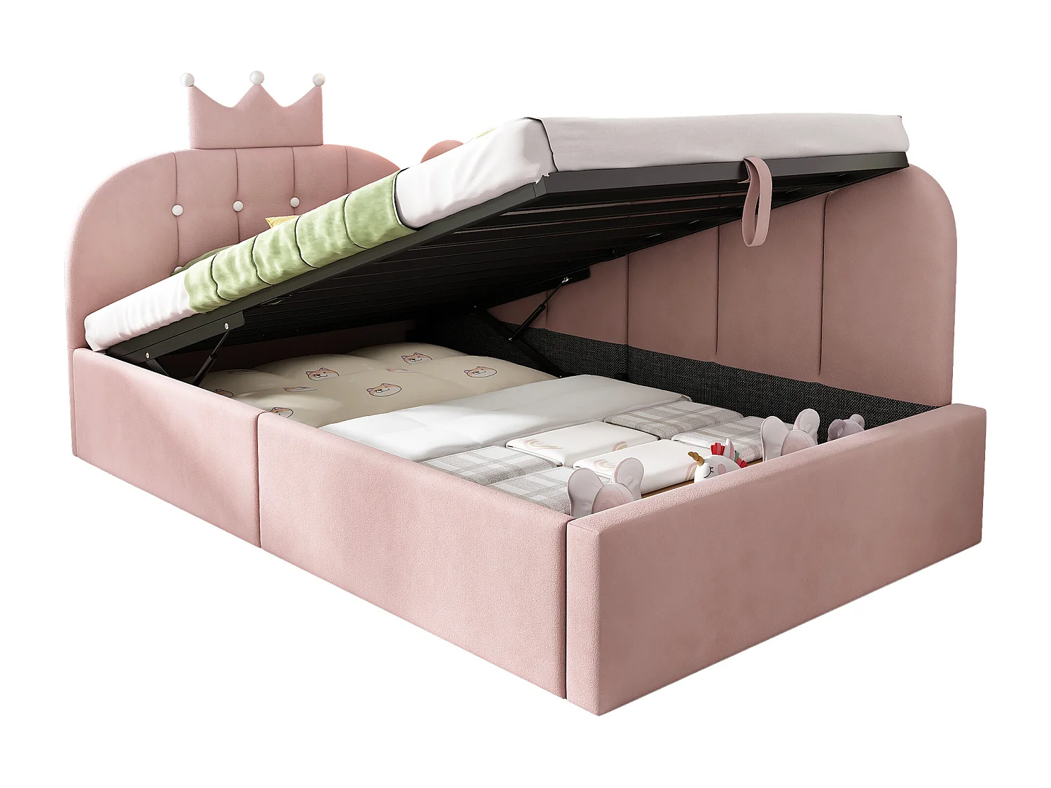 Lit banquette coffre pour enfant - 90 x 200 cm - avec tête de lit + rangement hydraulique - velours - rose