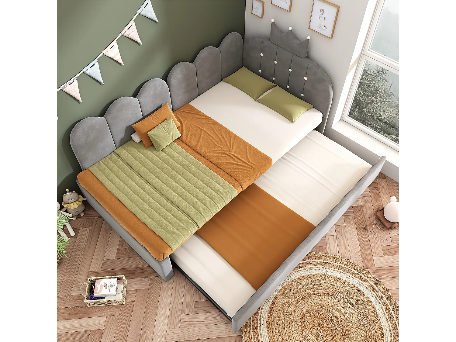 Lit banquette gigogne pour enfant - 90 x 200 cm + 90 x 190 cm - forme en L - tête de lit - velours - gris
